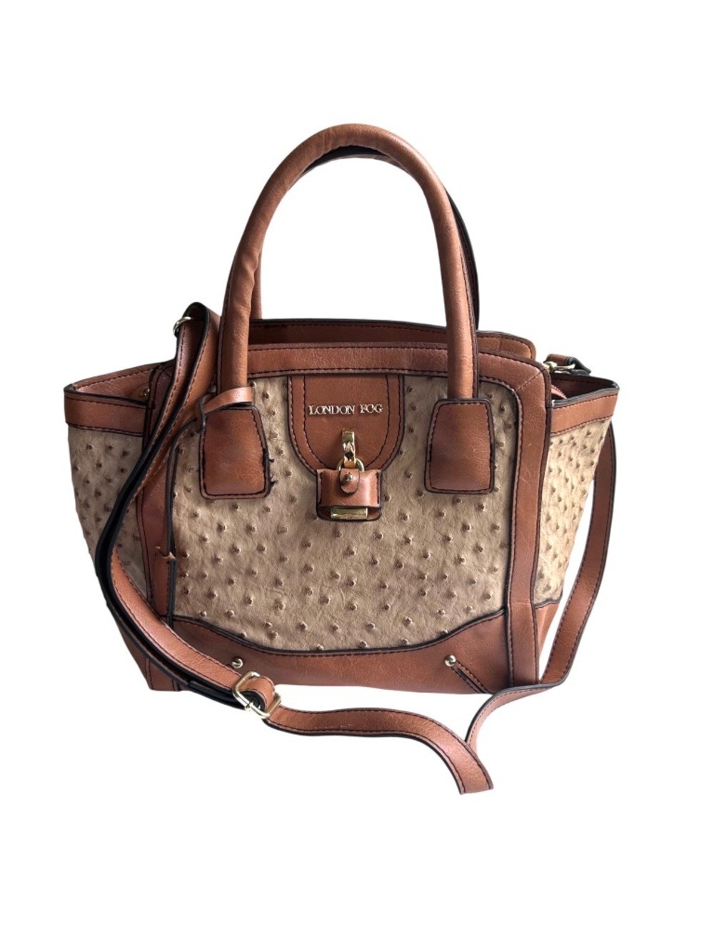 London Fog Faux Ostrich Embossed Satchel Crossbody Bag